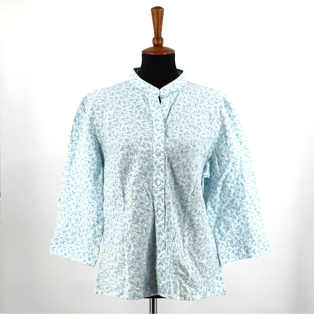 Lands’ End Linen Blue White Floral Linen Top 3/4 Length Sleeves Size 16
